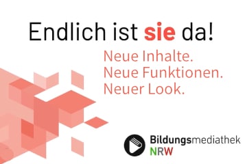 Das Logo der Bildungsmediathek NRW weist auf Neue Inhalte, einen neuen Loogk und neue Funktionen der Bildungsmediathek hin