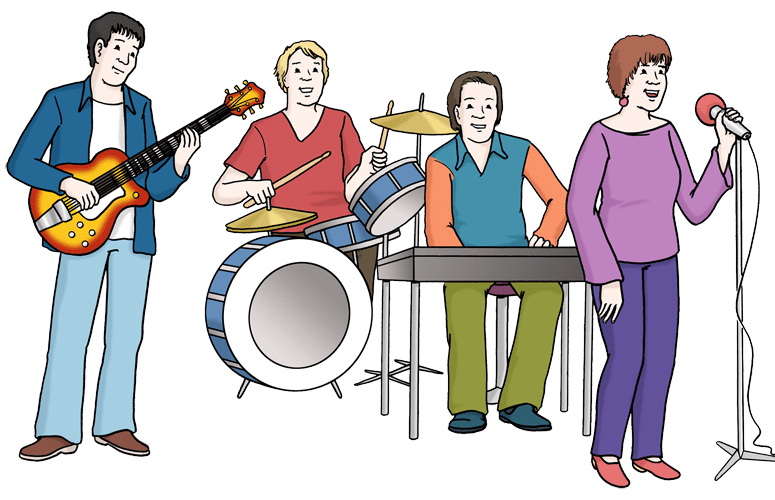 Eine Illustration zeit eine Musikgruppe mit vier Personen. Links steht ein Gitarrist mit kurzen dunklen Haaren, dunkelblauer Jacke, hellblauer Hose und braunen Schuhen. Rechts von ihm sitzt ein Schlagzeuger mit blonden kurzen Haaren und einem dunkelroten T-Shirt. Rechts nebem ihm sitze ein Mann einem Keyboard. Er hat mittelbraune, kurze Haare und trägt einen mittelblauen Pullover mit hell rostfarbenen Ärmeln und eine olivgrüne Hose. Rechts steht eine Frau mit kurzen rotbraunen Haaren. Sie hält ein Mikrofon und trägt ein fliederfarbenes Oberteil, eine lila Hose und dunkelrosa Schuhe.