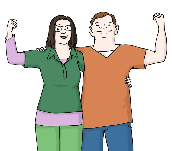 Eine Illustration zeigt links eine hellhäutige Frau mit dunklen, schulterlangen Haaren und Brille. Sie lacht und trägt ein grünes T-Shirt über einem lila Langarmhemd und eine grüne Hose. Sie hat ihren linken Arm um einen Mann mit mittelbraunen, kurzen Haaren gelegt. Er lächelt und trägt ein rostfarbenes T-Shirt und eine blaue Hose. Beide haben eine Arm gehoben und machen eine Faust