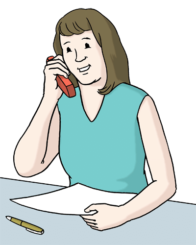Eine Illustration mit einer hellhäutigen Frau. Sie hält in ihrer rechten Hand ein rotes Telefon an ihr rechtes Ohr. Auf einer Tischplatte vor ihr liegt ein Stift und sie hält ein Blatt Papier in ihrer linken Hand. Sie trägt ein ärmelloses türkisfarbenes Oberteil