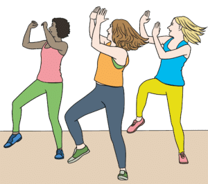 2025_05_KMS_LS_Zumba Eine Illustration zeigt drei Frauen, die tanzen. Links eine kurzhaarige, dunkelhäutige Frau mit einem roten Trägerhemd, grüner Leggings und blauen Schuhen. In der Mitte eine hellhäutige Frau mit schulterlangen, welligen Haaren, einem orangenen Trägerhemd und grauer Leggins und grünen schuhen. Rechts eine hellhäutige Frau mit schulterlangen, glatten blonden Haaren, einem türkis-blauen Trägerhemd, gelben Leggings und rosa Schuhen. Alle schauen nach links und haben die Arme erhoben